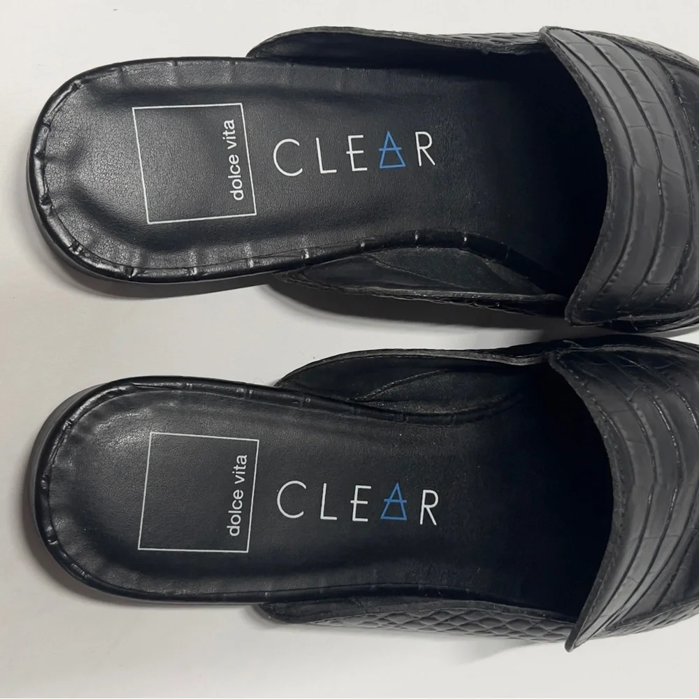 DOLVE VITA Clear Women’s Size 8 Black Slip On Mules. Reptile pattern. Low Heel - Picture 6 of 8